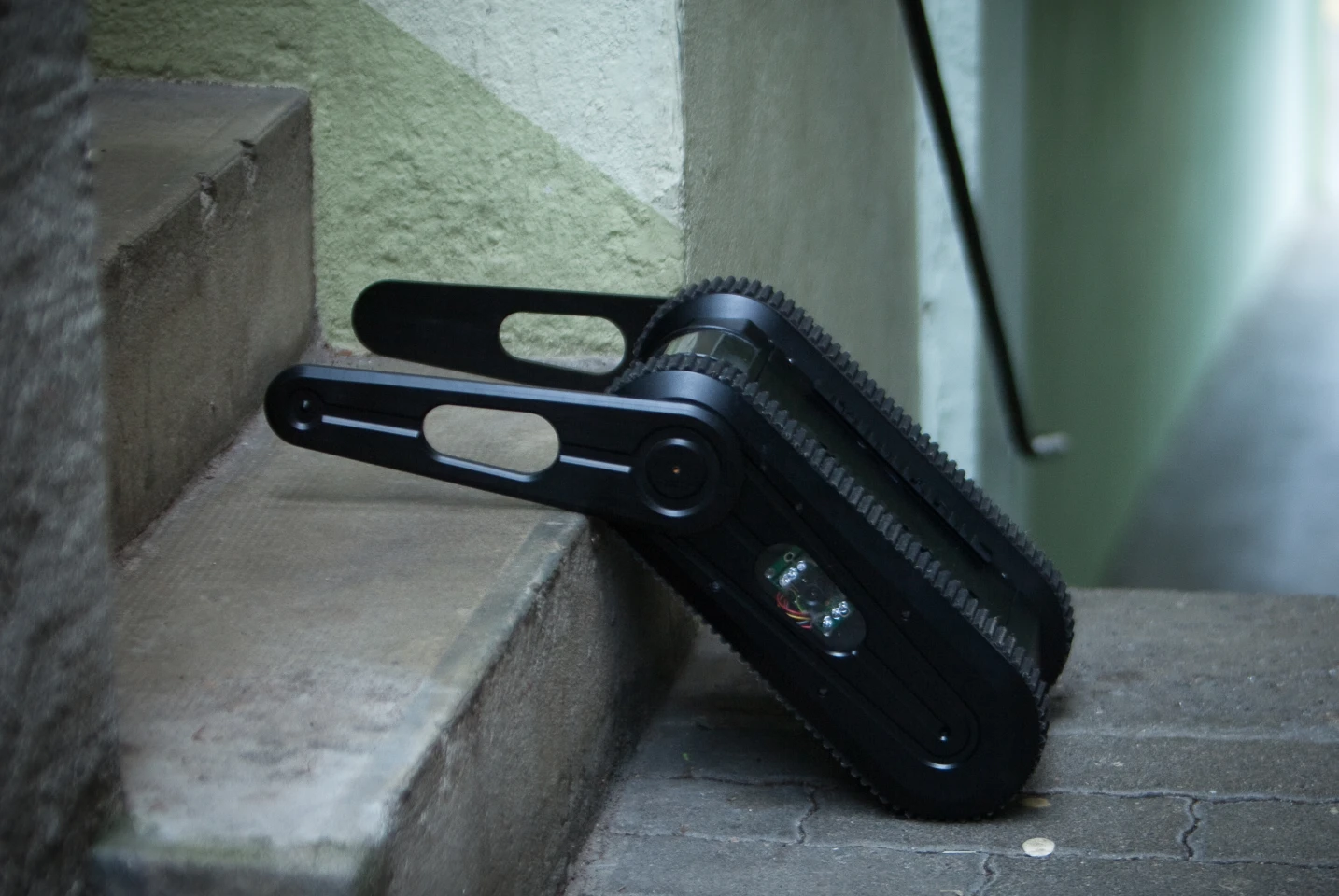 The SCORP Micro Unmanned Ground Vehicle (MUGV) can climb stairs