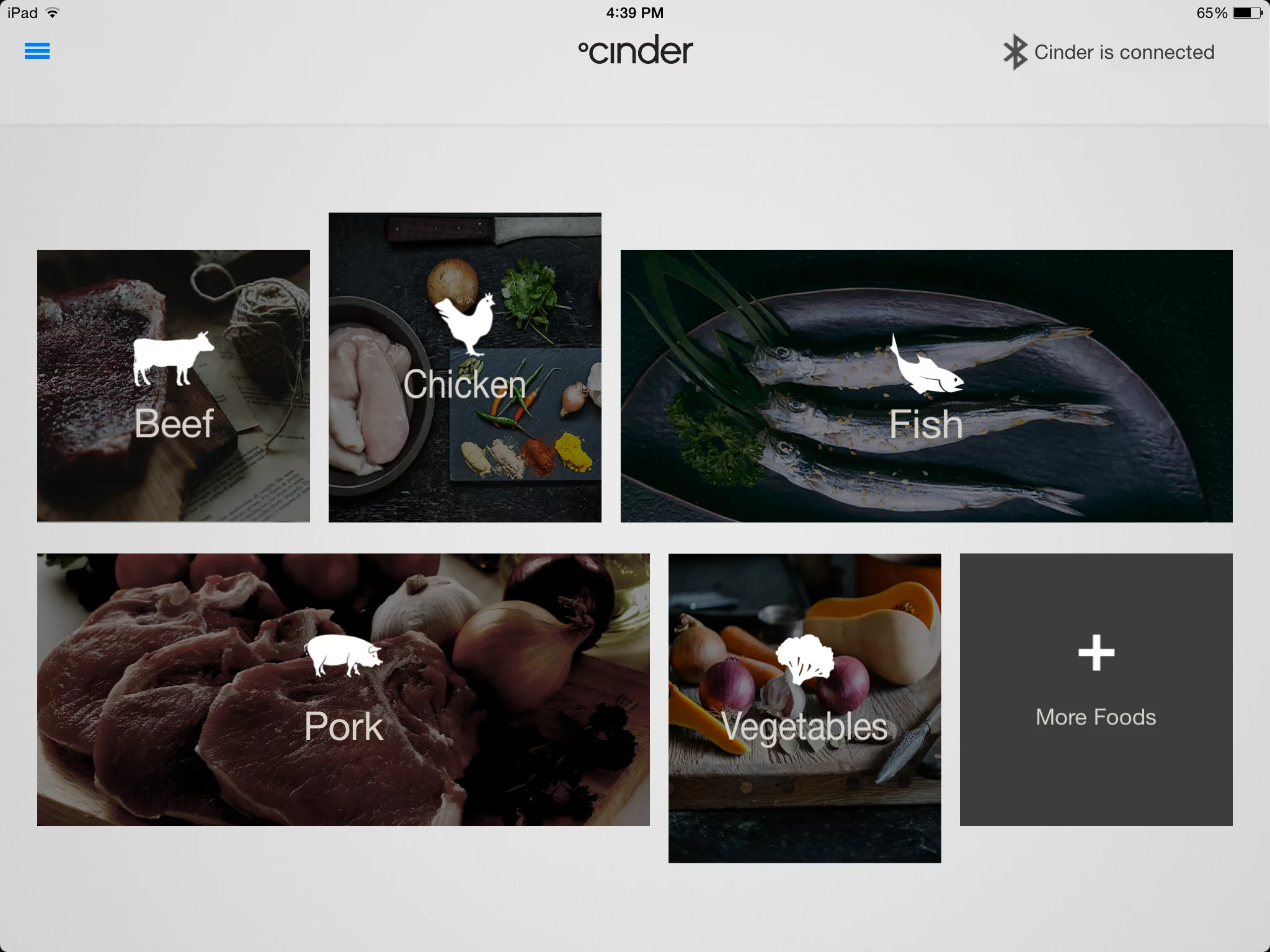 The Cinder Sensing Cooker app menu