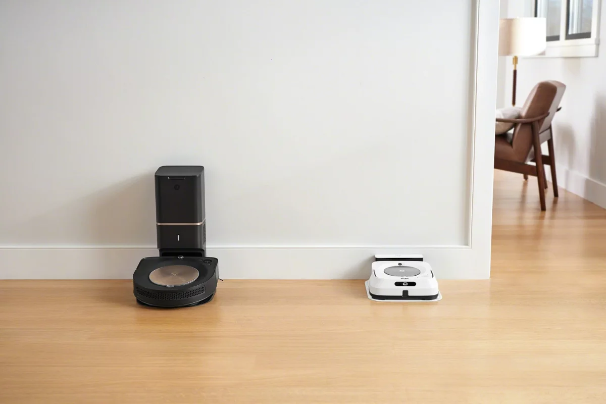 iRobot's Roomba s9+ robotic vacuum cleaner (left) and its Braava jet m6 mopping robot