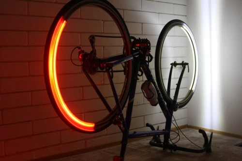 The Revolights system illuminates the front of the front wheel and the back of the rear wheel, as the wheels are spinning