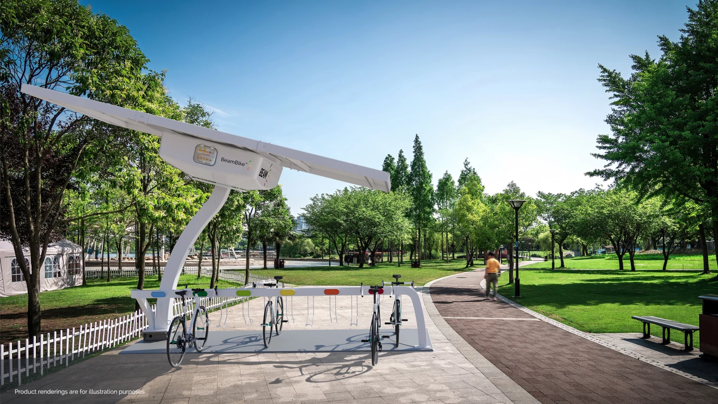 The BeamBike hub is topped by sun-tracking solar panels and will be available in three battery storage capacities up to 40 kWh