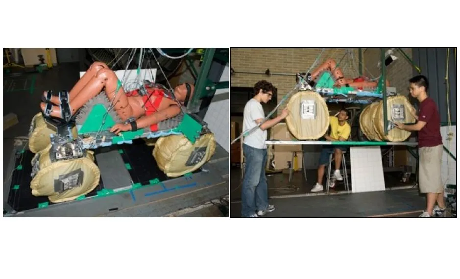 Sydney Do (right panel, at right) works on his prototype astronaut air bag system