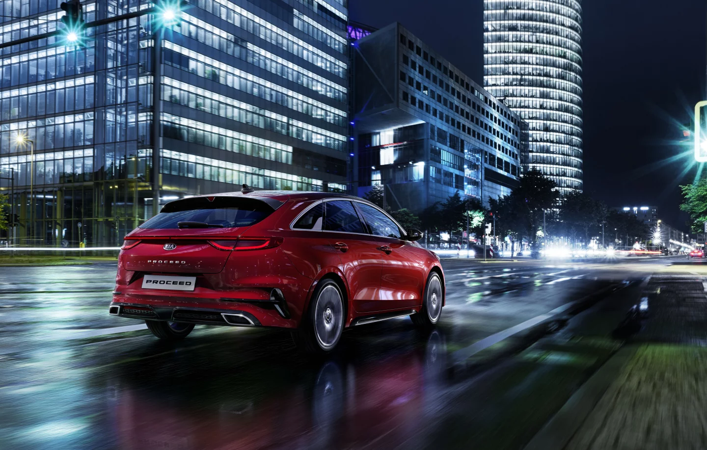 A sloped rear windshield, LED taillights and dual exhaust tips add to the Kia ProCeed's sporty presence