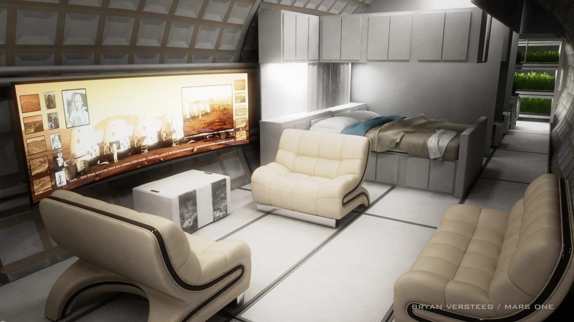 Mars One living spaces are designed to be comfortable but minimalist since shipping of only the most critical living elements will be possible (Image: Bryan Versteeg / Spacehabs.com)