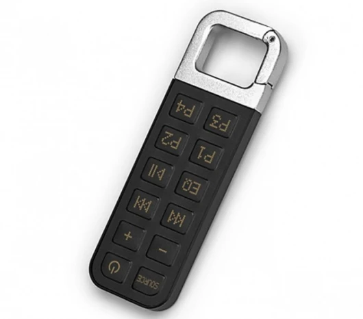 The Altec Lansing MIX boombox's remote control with clip-on carabiner