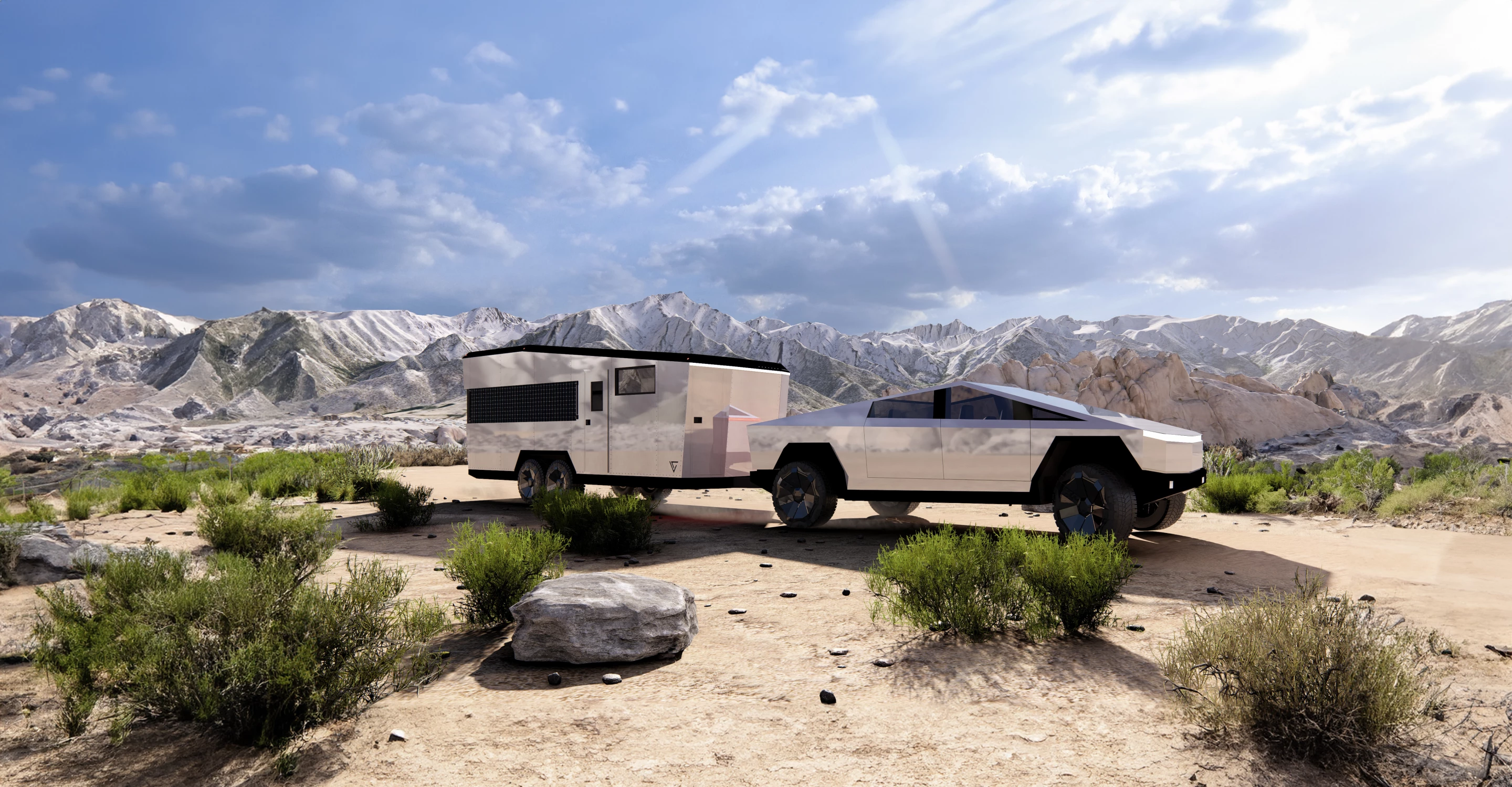 The Cybertrailer can be used with any appropriate tow vehicle, but it's really designed to match the Cybertruck's look and all-electric design