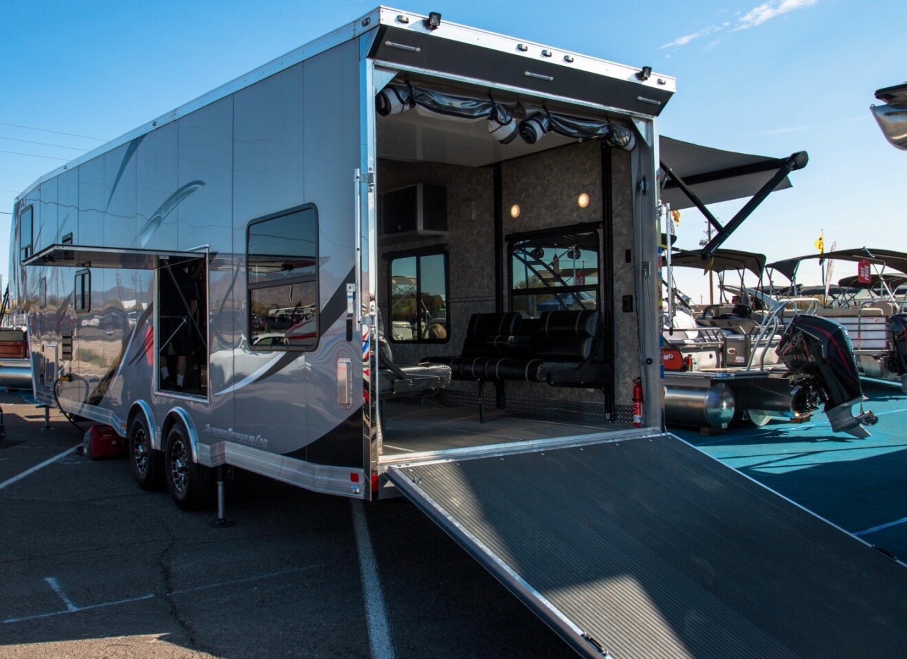 More than the other camper/toy hauler trailers on show, the all-aluminum 2019 ATC 40FW puts the emphasis on toy-hauling storage, with up to 25.5 feet (7.8-m) of garage space
