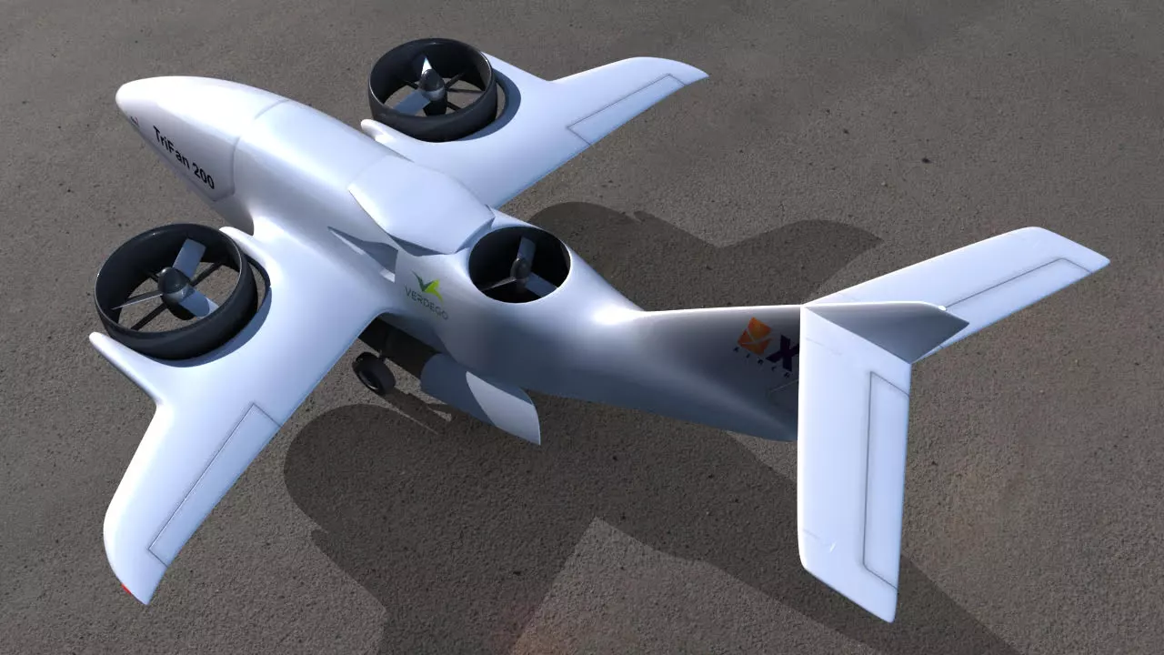 Two tilting fans on the wing and a third fixed fan at the rear provide vertical lift and horizontal cruise capabilities