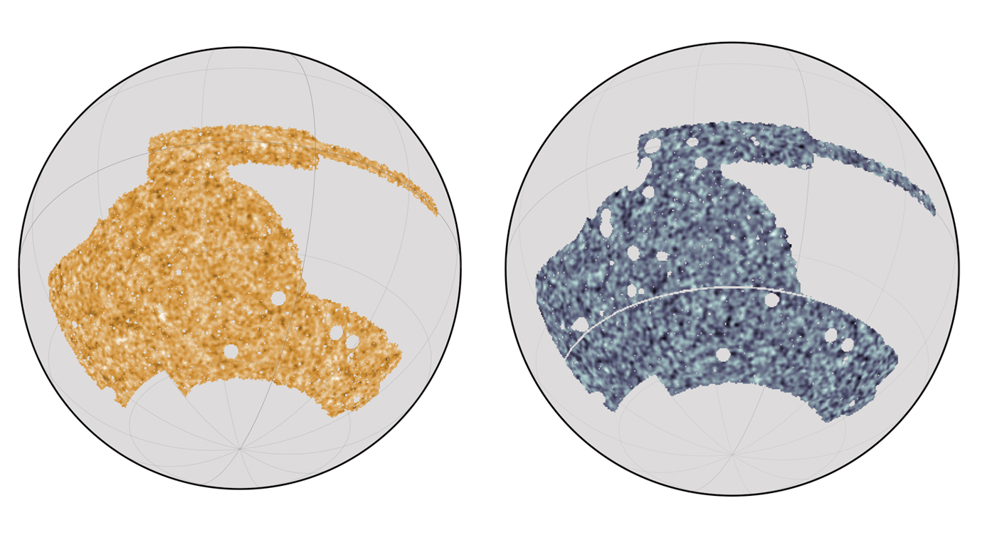 Two maps compared in new study – Dark Energy Survey (left) and Antarctic Telescope (right)