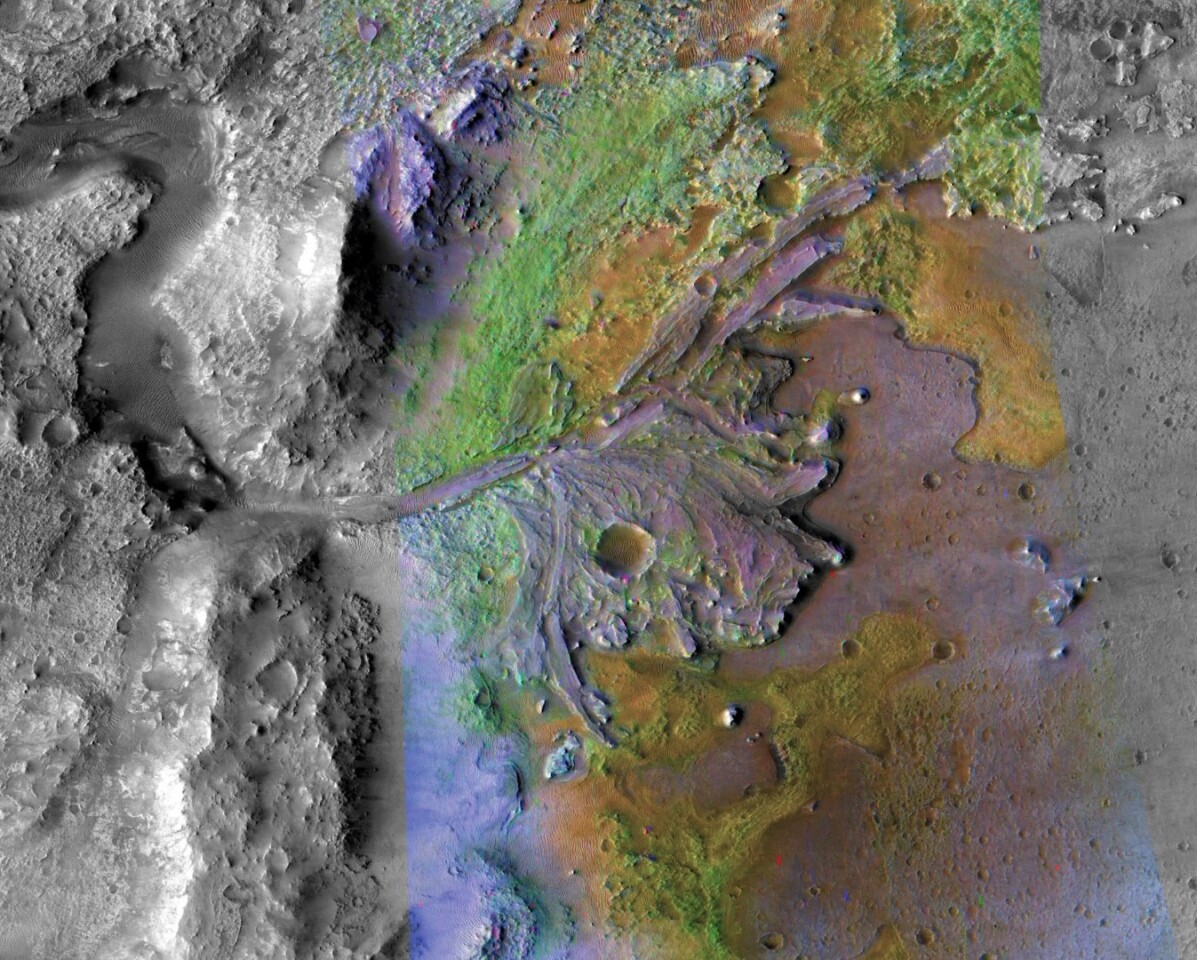 This image of Jezero Crater delta combines information from two instruments on NASA's Mars Reconnaissance Orbiter, the Compact Reconnaissance Imaging Spectrometer for Mars and the Context Camera