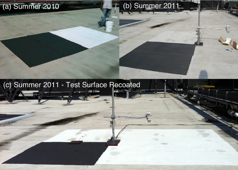 A comparsion shot showing albedo-loss of the acrylic painted surface over one year, before being relocated (Image: Stuart Gaffin/Columbia University)