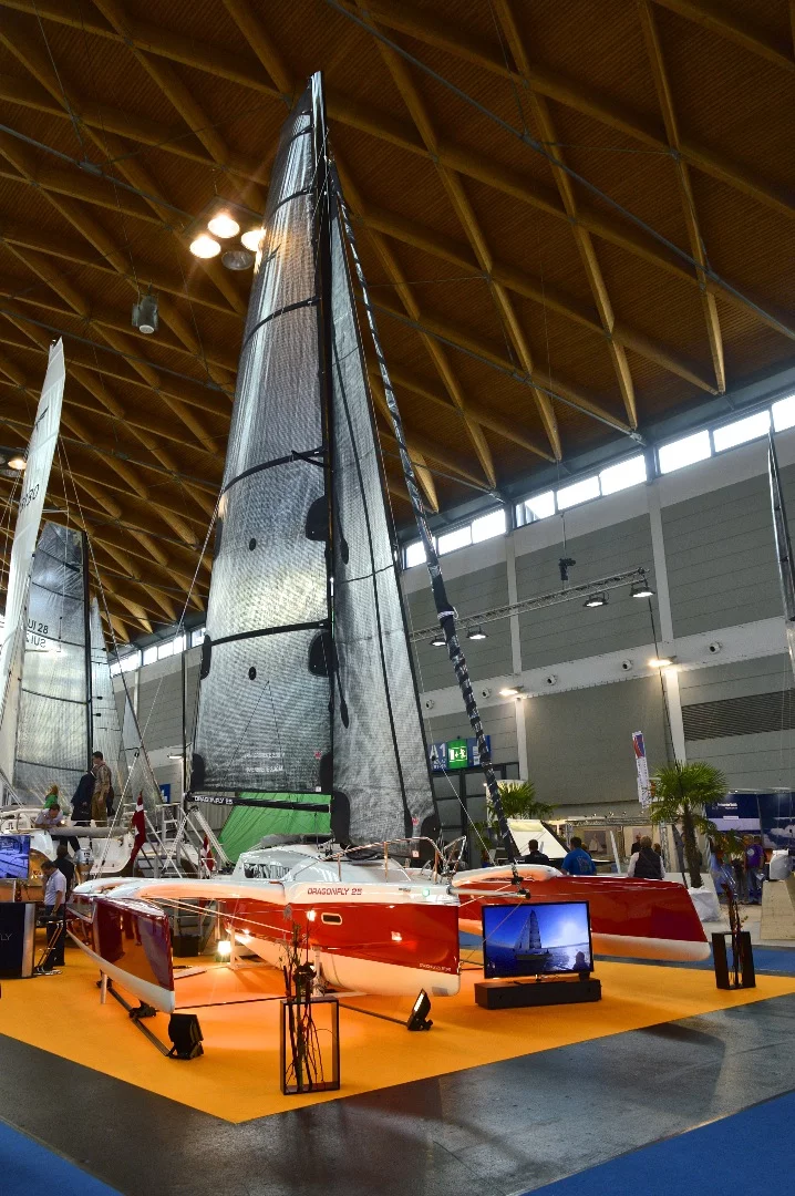 Shown here at Interboot, the new Dragonfly 25 trimaran premiered at the Boot Düsseldorf show back in January