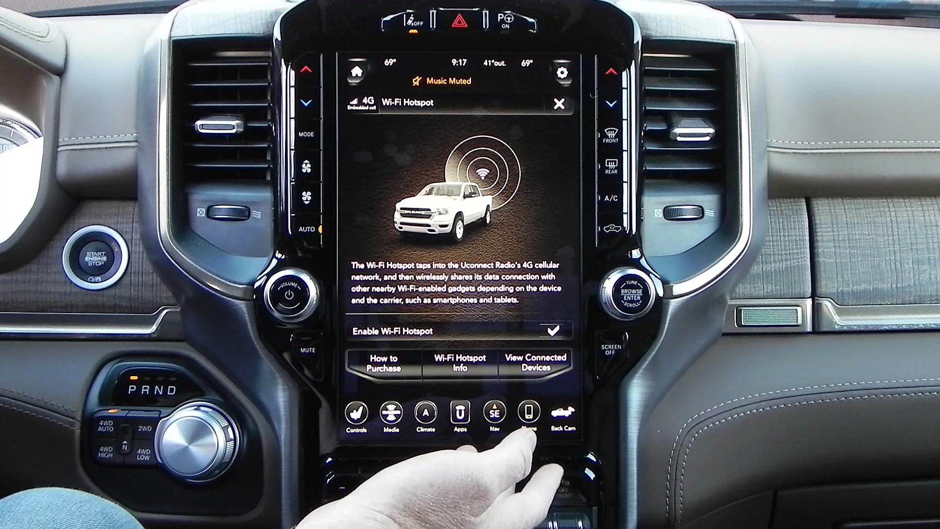 The 2019 Ram 1500 with upgraded Uconnect also include in-car Wi-Fi as a hotspot for devices, accessed through the Wi-Fi menu which goes to this screen