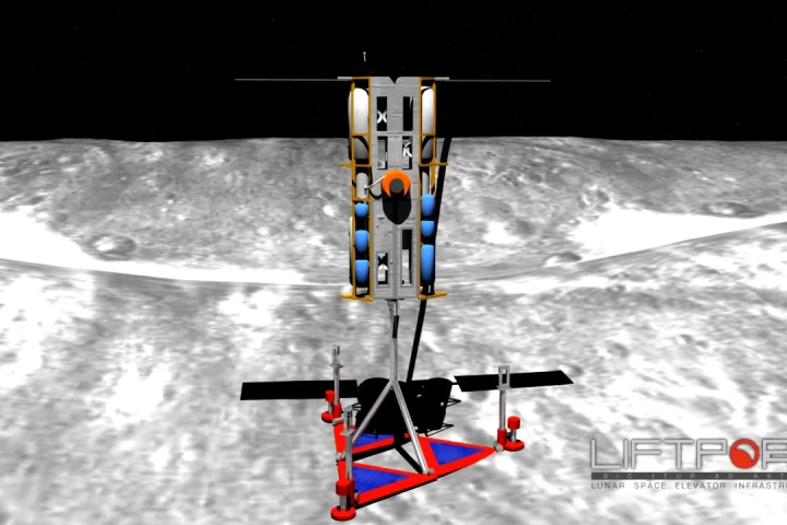 Artist's impression of the lunar elevator's lunar base and climber car (Image: LiftPort)