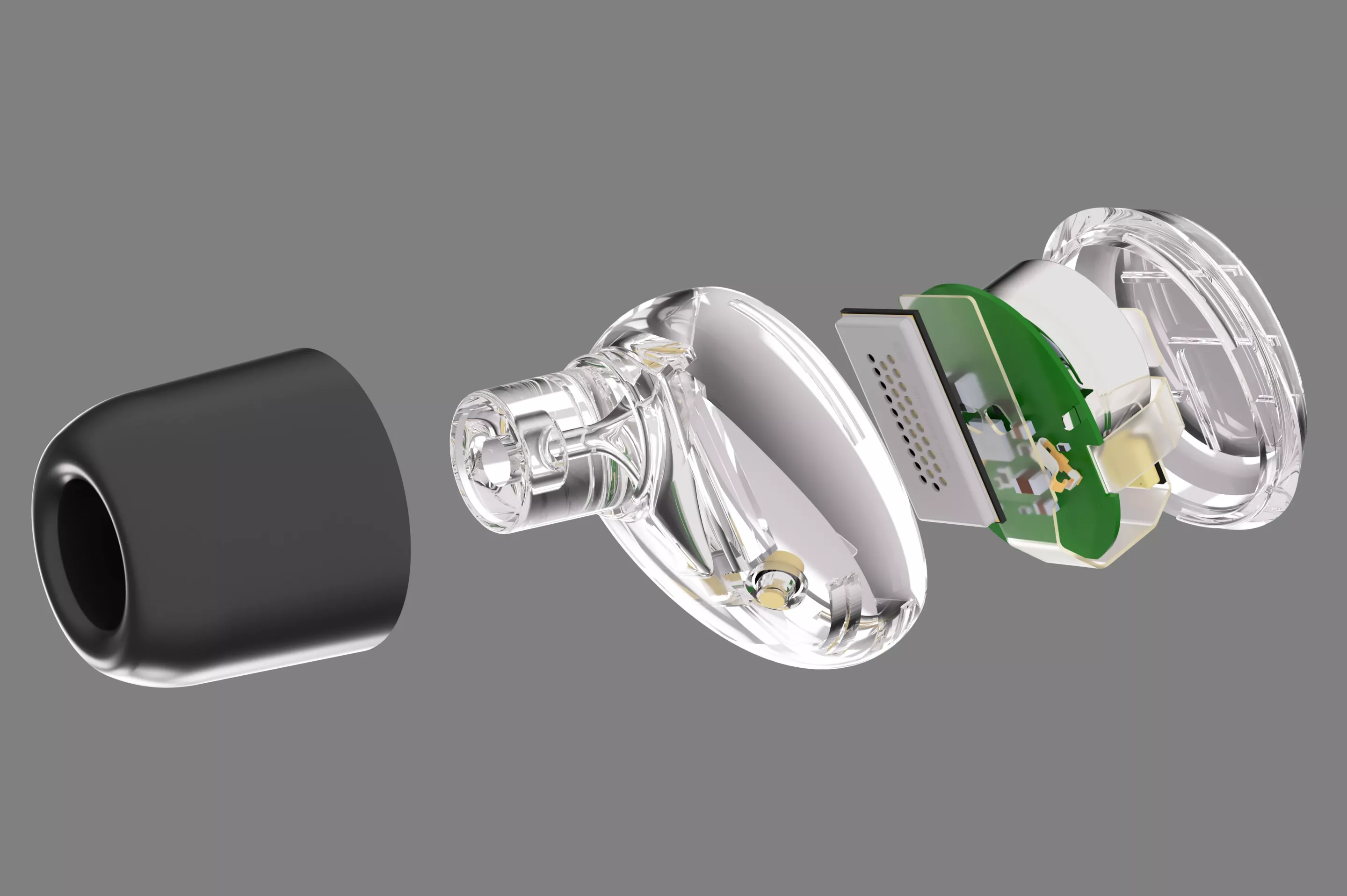 Exploded view of one potential application for the Montara Plus silicon-based microspeaker - audiophile-grade in-ear monitors