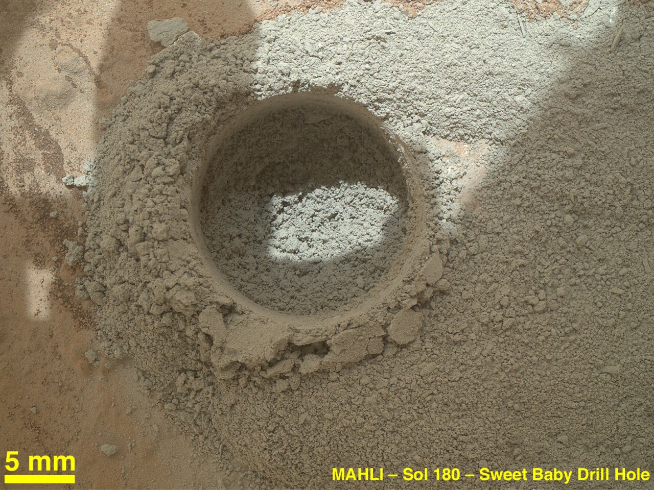 Curiosity's first drill hole (Image: NASA/Caltech)
