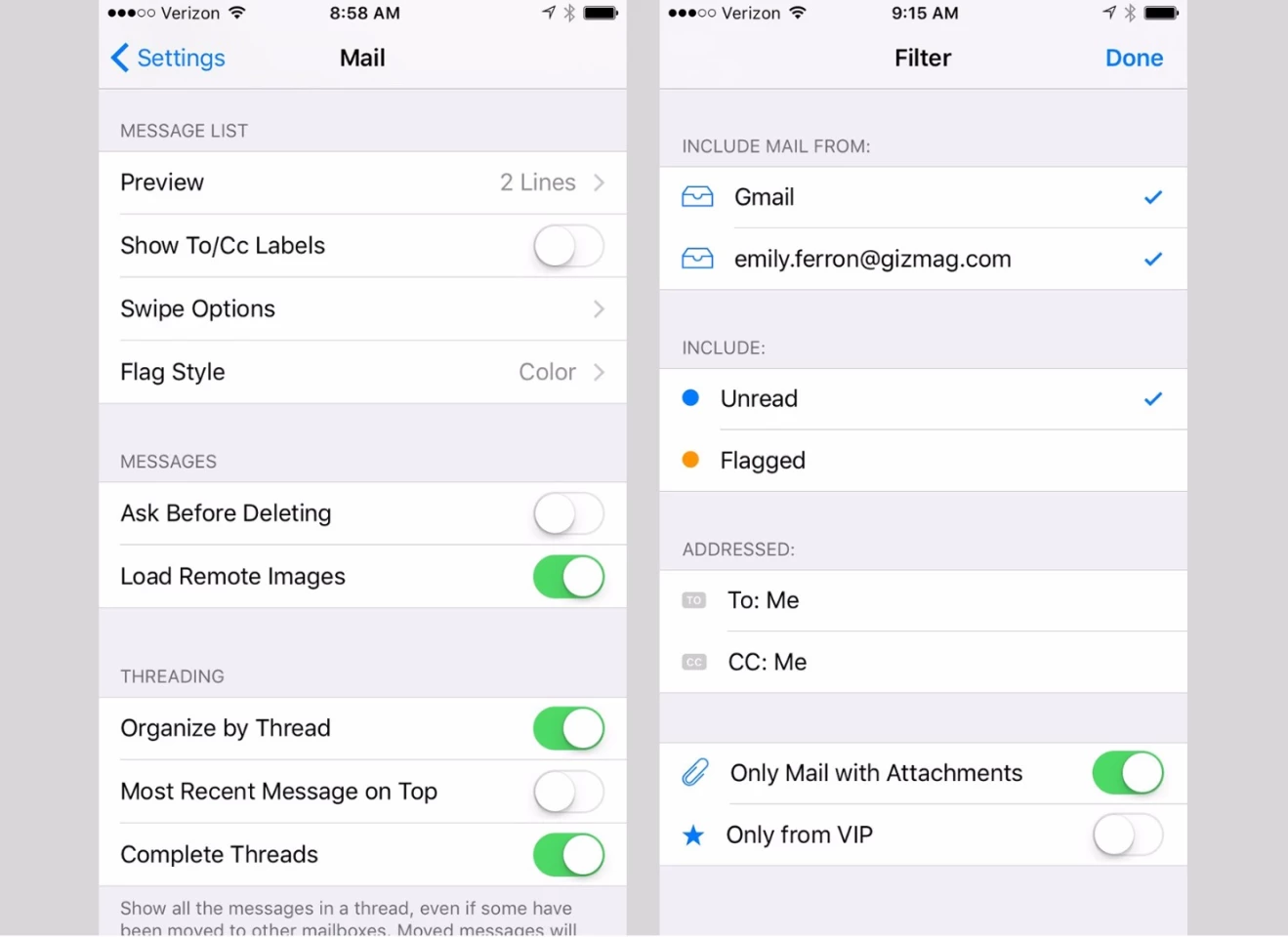 (L) new Mail settings make it easier to set preferences for your inbox; (R) the inbox is now easier to view thanks to easy-access filter options