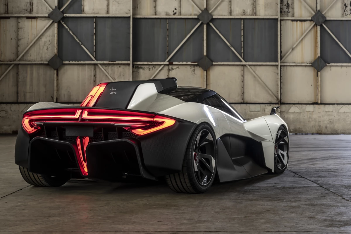The dramatic rear end of the Apex AP-0, a futuristic, fast and long-range electric sports car from the UK