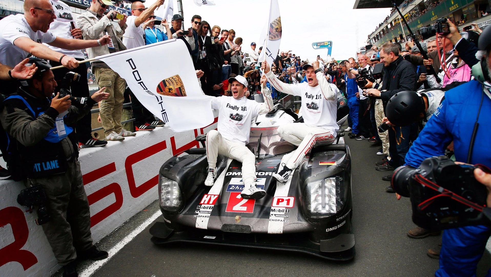 Victory celebrations for Porsche at Le Mans