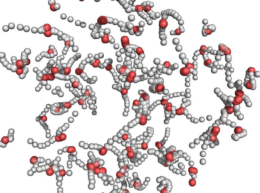 A simulated image showing the paths of the atoms