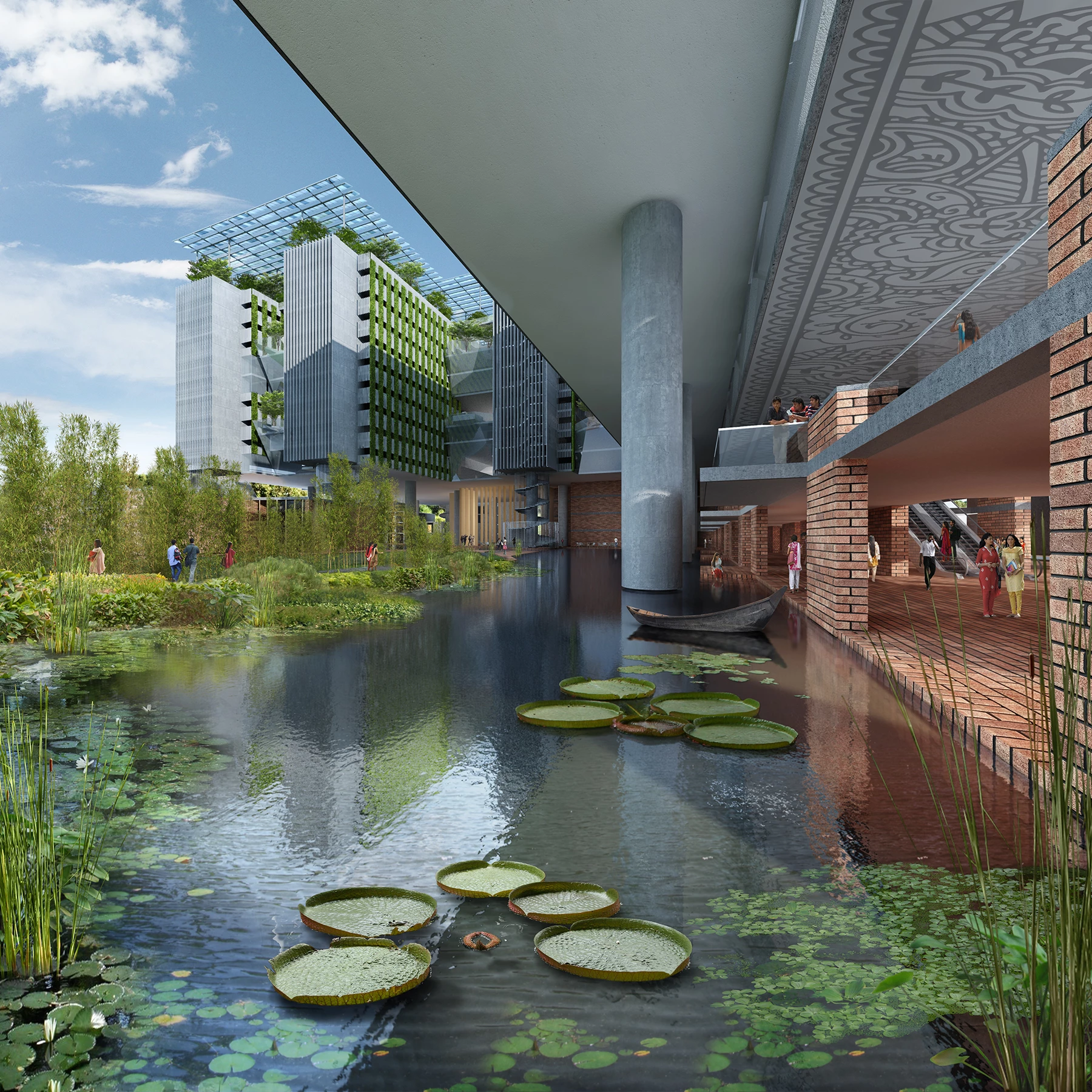 The BRAC University campus involves turning what WOHA calls a "polluted swampland" into a university campus