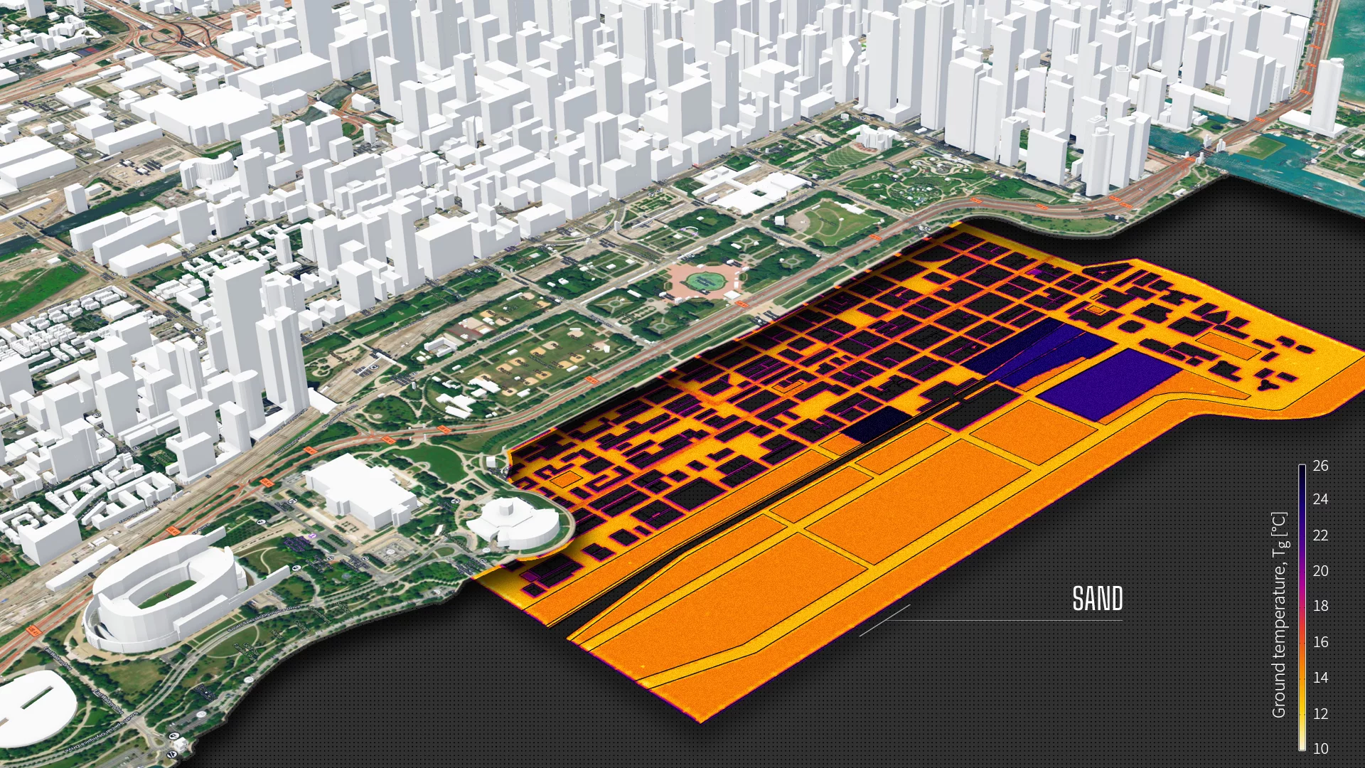 An image showing a temperature measurement of the layer of sand beneath the area known as the Chicago Loop