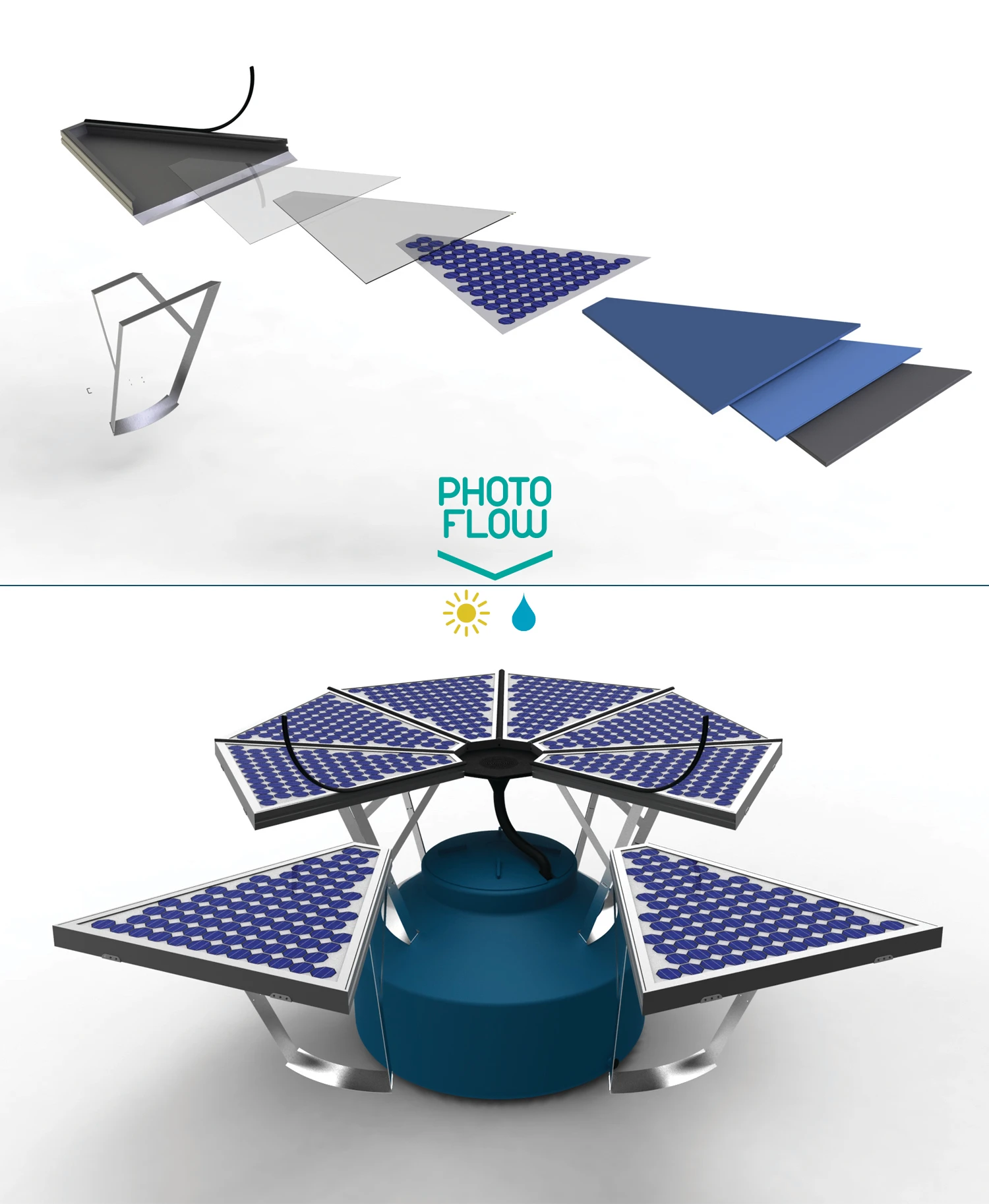 PhotoFlow is a two-in-one concept design that combines solar power generation with rainwater collection