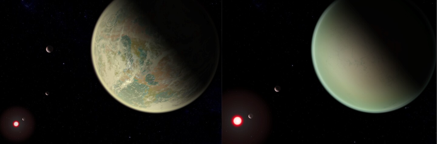 Concept depicting a wet exoplanet (left) and an exoplanet with evaporated oceans, both of which could exhibit oxygen-rich atmospheres via a new imaging technique