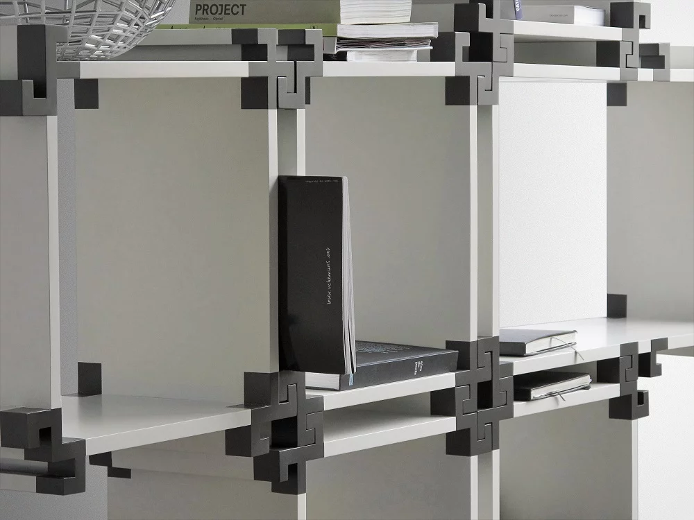 The NV01 bookcase provides space for objects of varying sizes, some of which can sit upright in between the modules