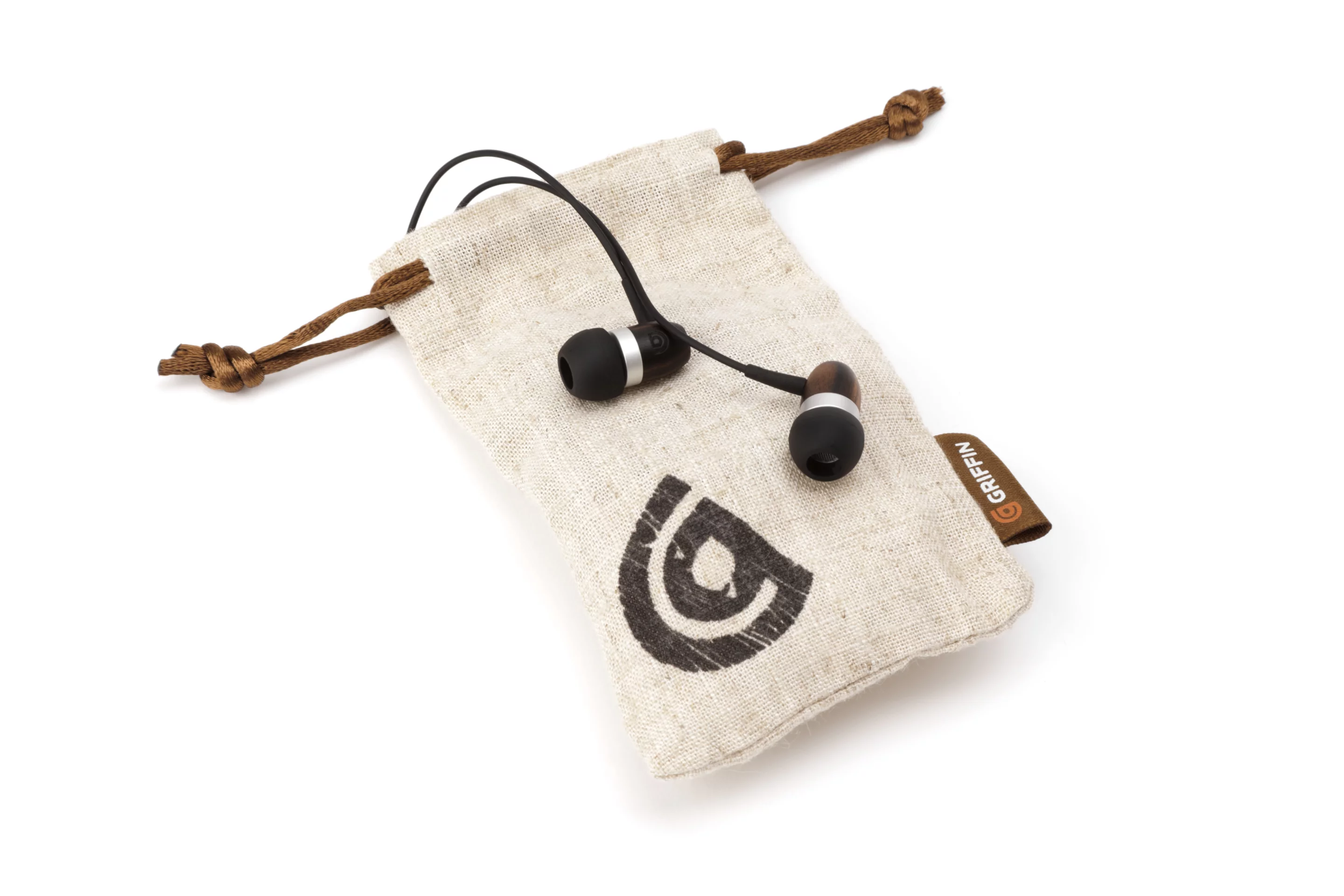 The WoodTones Earbuds are supplied with a drawstring carrying pouch made from natural hemp
