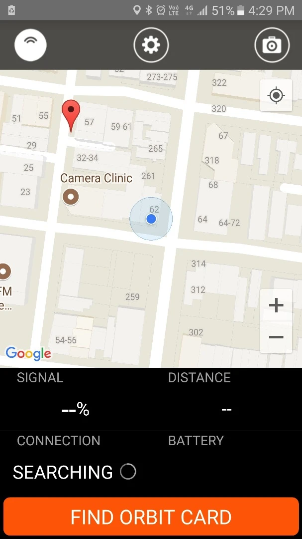 When the phone and the Orbit Card lose their Bluetooth connection, the app will drop a pin in a map to mark its last known location