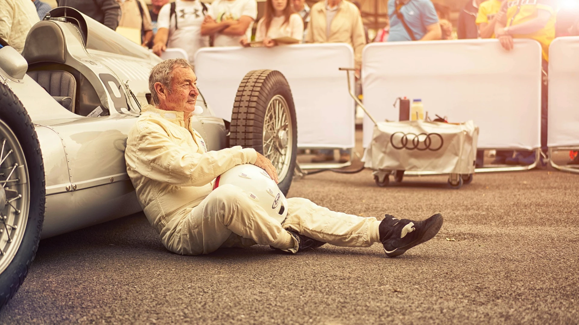 Auto enthusiast Nick Mason (Pink Floyd) awaits his run in the Auto Union. Mason is accustomed to driving priceless cars, as he owns a slew of exotica including a Ferrari GTO