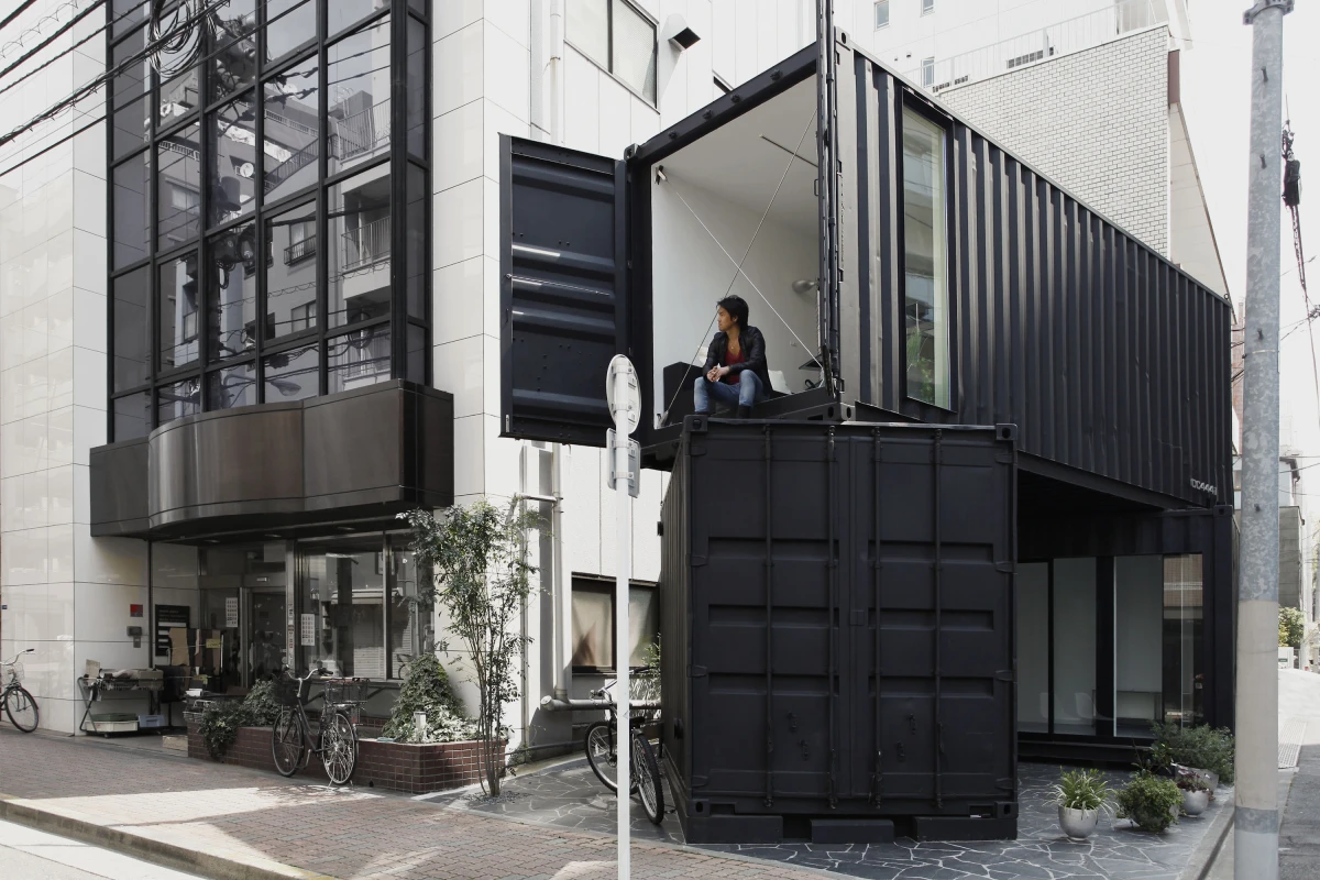 Double story container site disguises a modern office space designed by Japanese architectural firm, Tomokazu Hayakawa