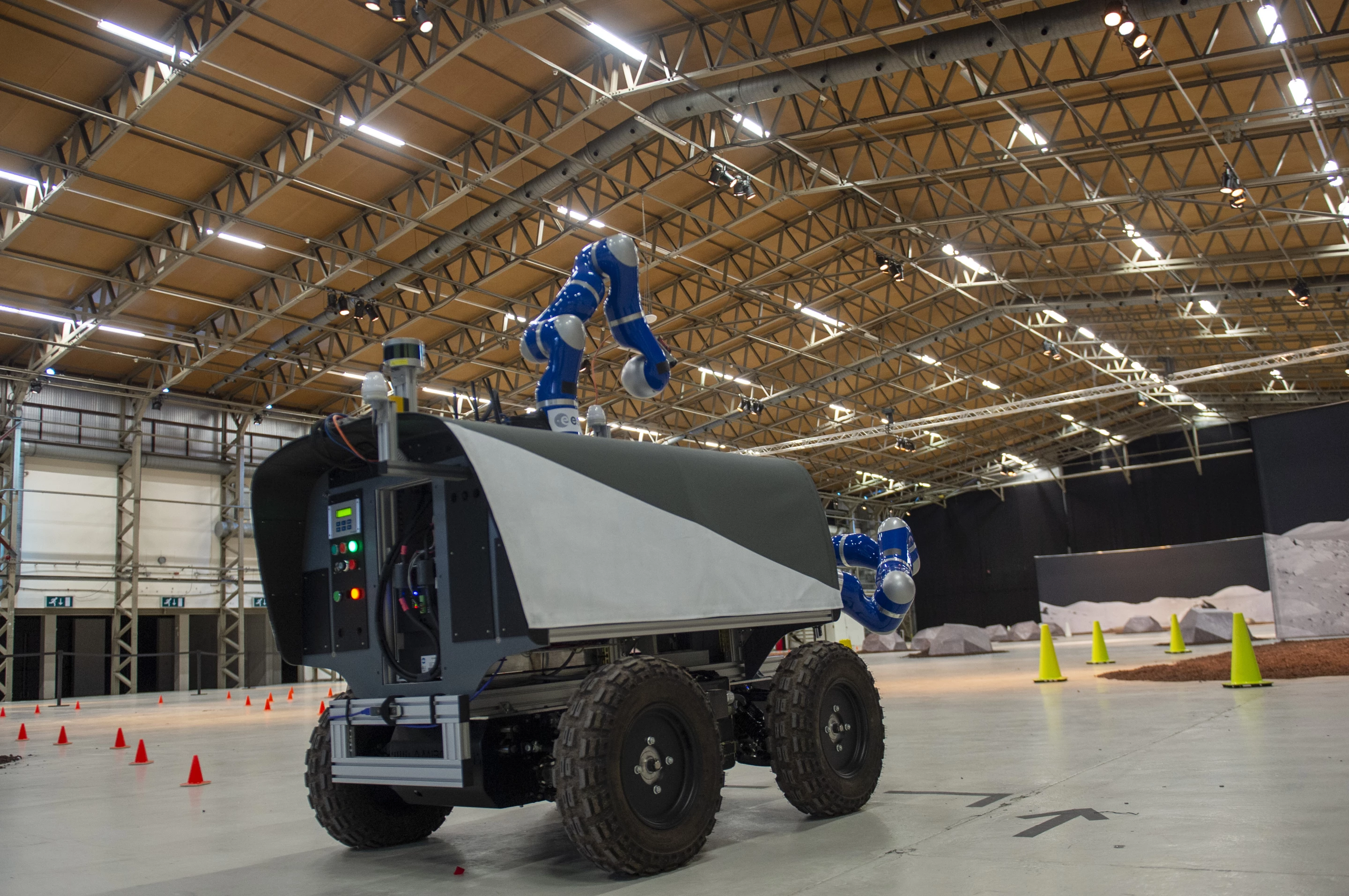 The Analog-1 rover being driven through an obstacle course by an astronaut aboard the ISS