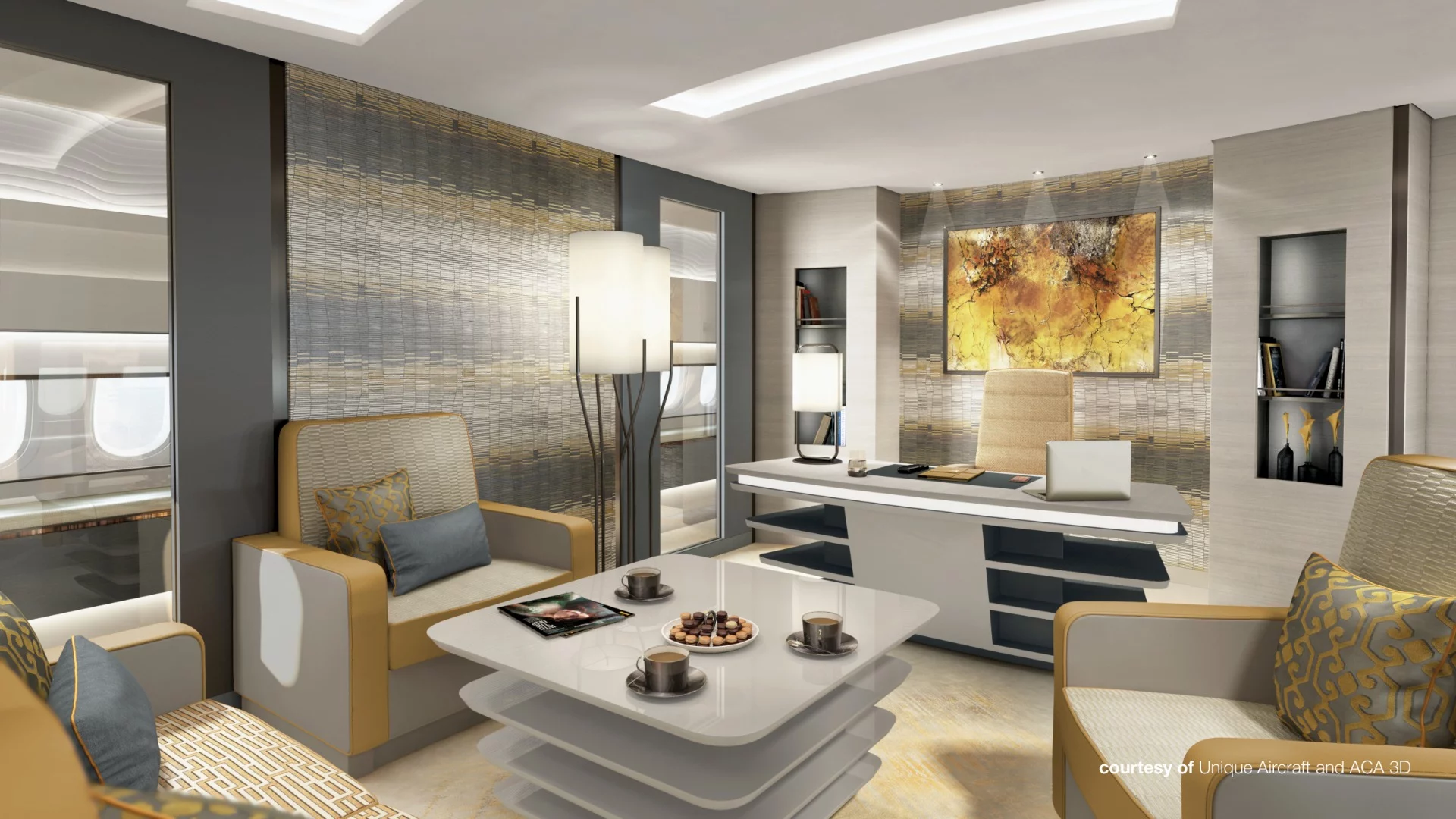 An office concept for the BBJ 777X by Unique Aircraft and ACA 3D that was commissioned by Boeing
