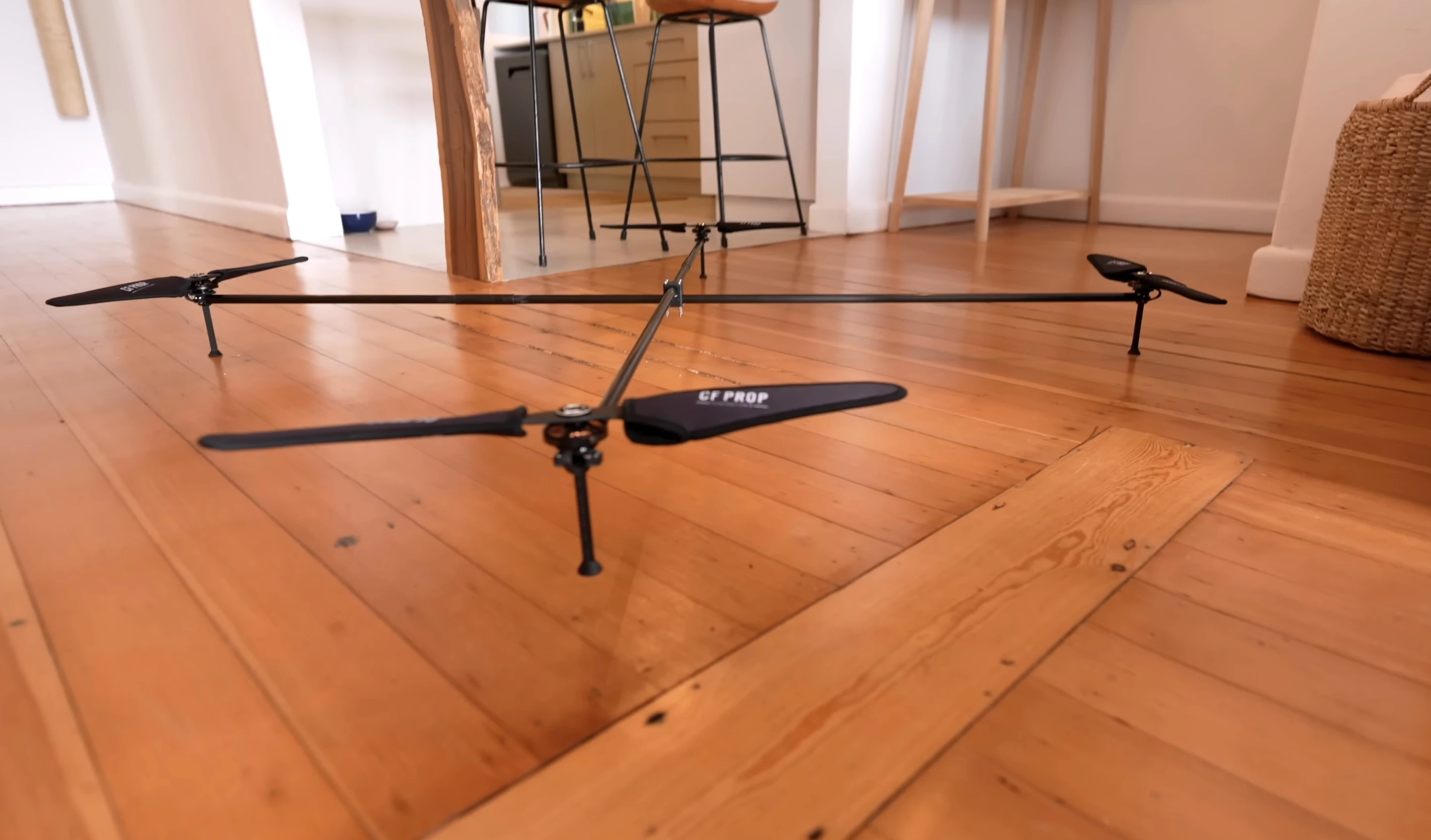 The drone part of the build features a carbon fiber X-frame and 18-inch props