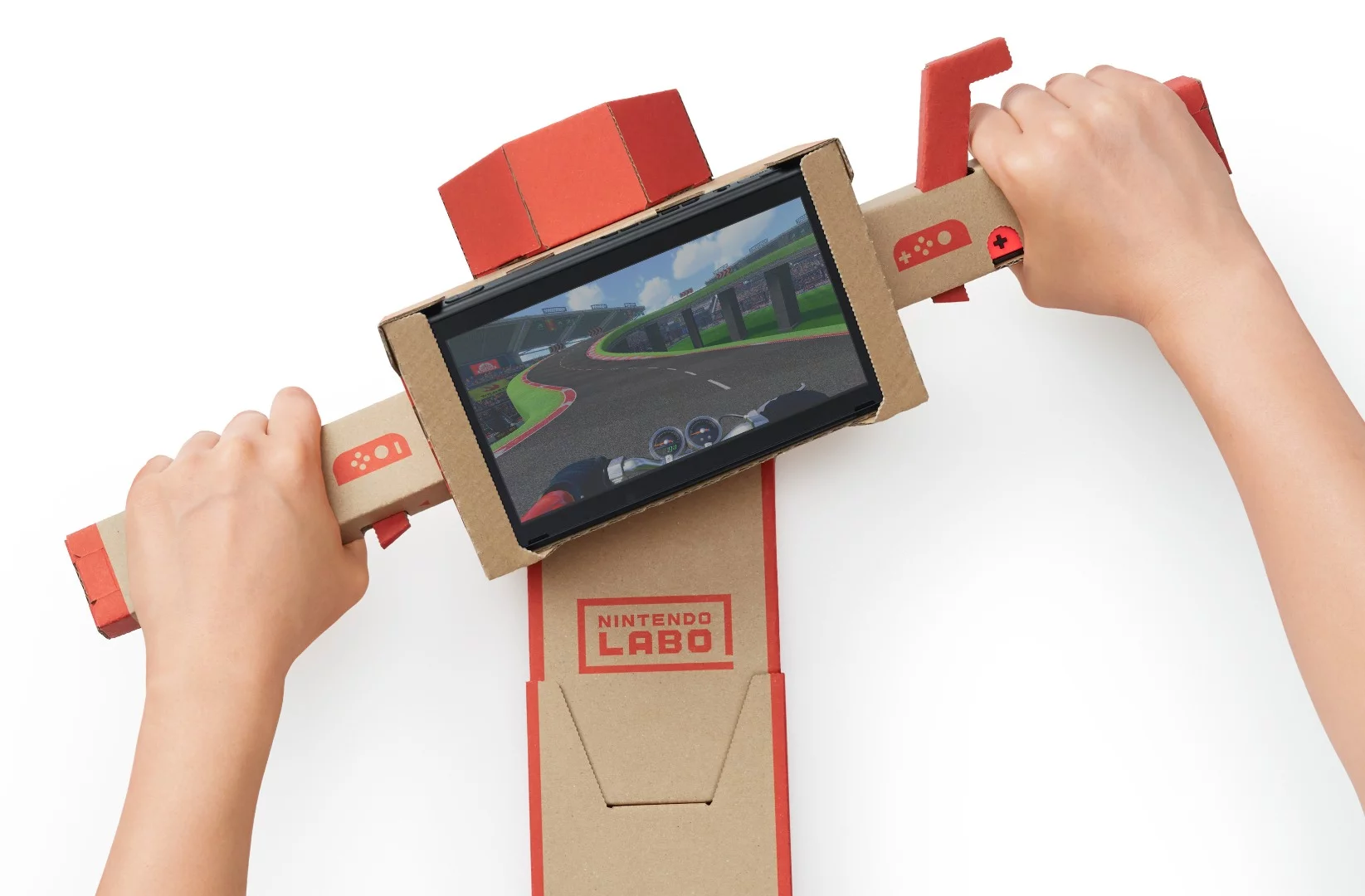 The Nintendo Labo Toy-Con Motorbike lets you drive a virtual bike on the screen by turning the cardboard handlebars