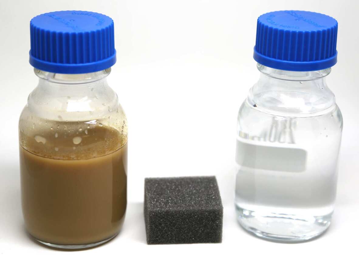 Water before (L) and after (R) treatment with new sponge (center)