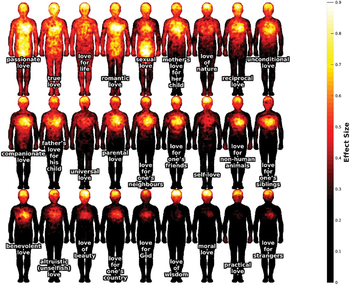 Bodily sensation maps showing where study participants reported feeling different types of love