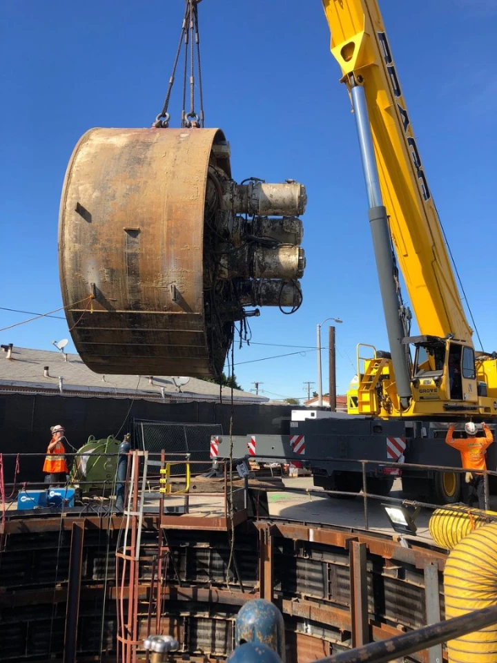 The Boring Company's tunneling machine after breaking through the end of its first test tunnel