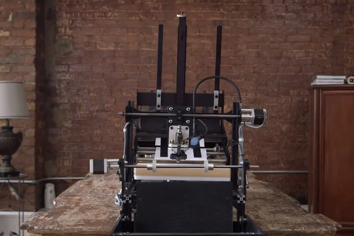 One of Bond's handwriting-emulating robots