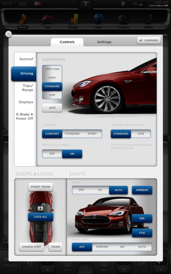 A 17-inch touchscreen interface allows adjustment to steering, suspension and regenerative braking settings