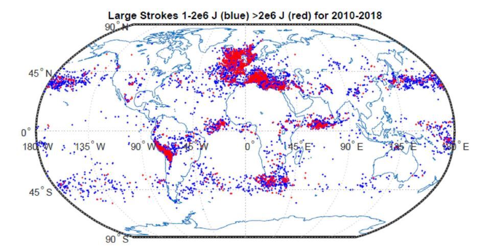 The dots represent superbolts, lightning with an energy of at least 1 million joules, while red dots are particularly large superbolts, with an energy of more than 2 million joules