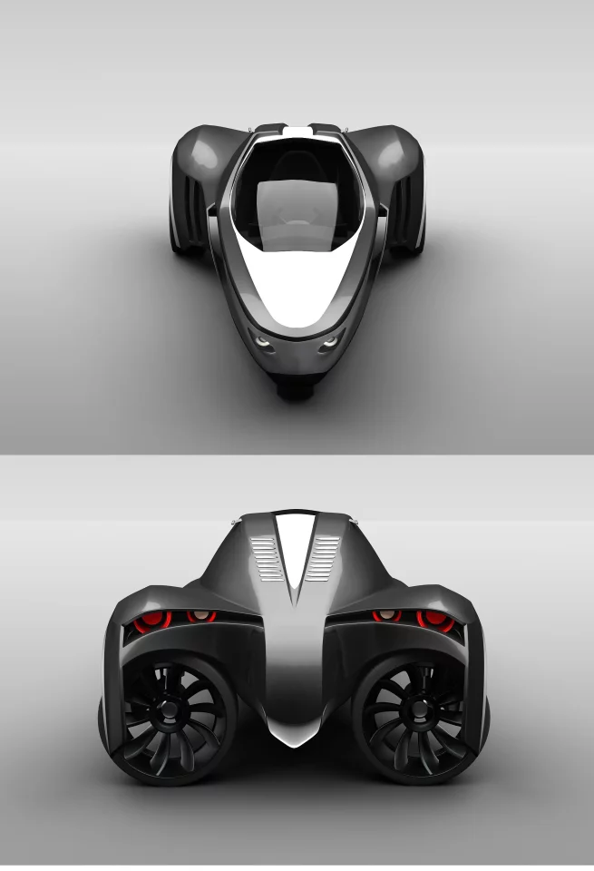 Each of the rear wheels is powered by its own electric motor and can be rotated 90 degrees to provide propulsion when on water