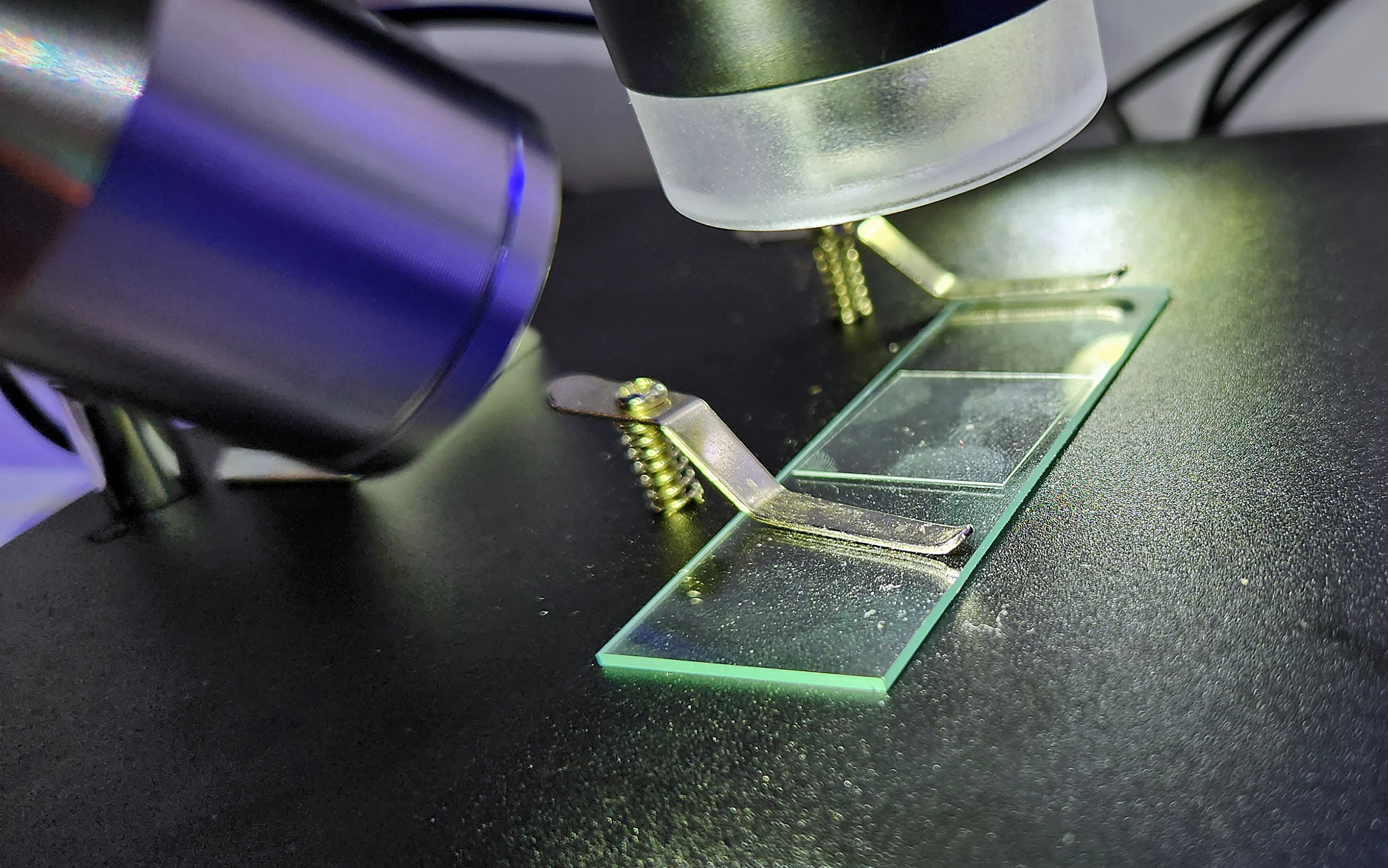 Under a microscope, looking at a single SQD-Mini LED. It’s that thing that looks like a speck of dust.