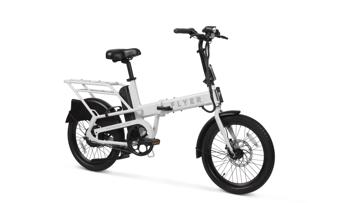 The Flyer Folding Cargo offers five levels of pedal-assist from the 350-W hub motor, and up to 40 miles of per-charge riding from the removable battery housed behind the seatpost