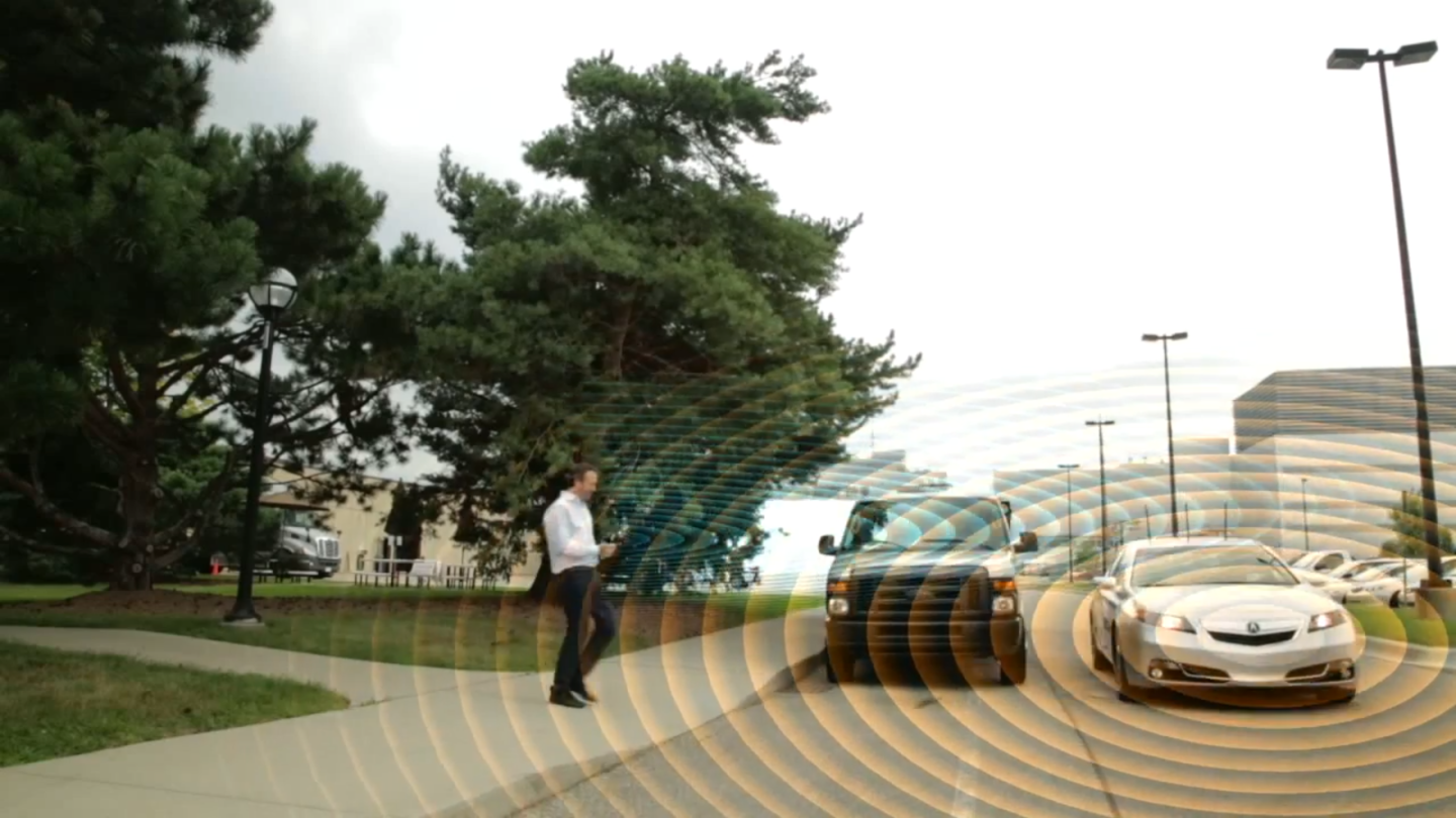 The DSRC system can also communicate with smartphone-equipped pedestrians