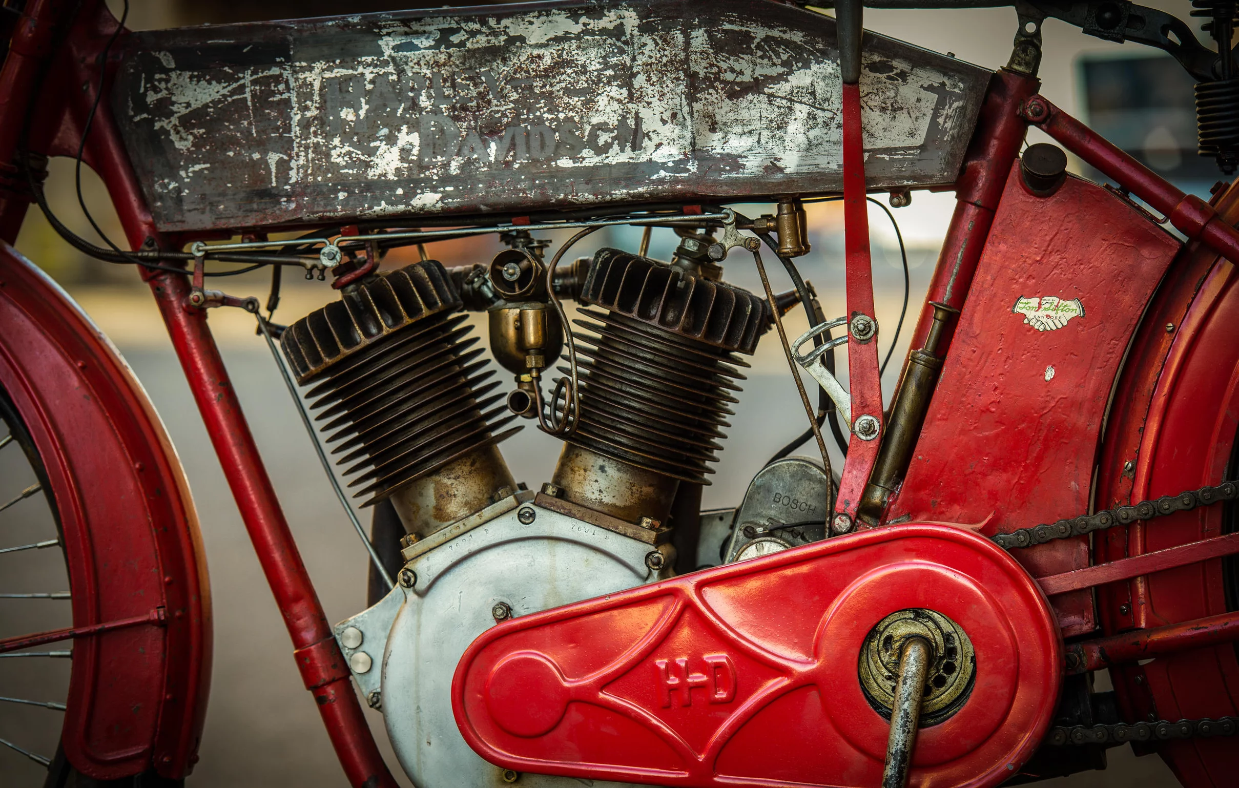 This 1912 Harley-Davidson X8E Big Twin comes with a rather distinctive paint scheme. Legend has it that McQueen and his buddy Von Dutch rattle-can painted the bike red during a late-night drinking session