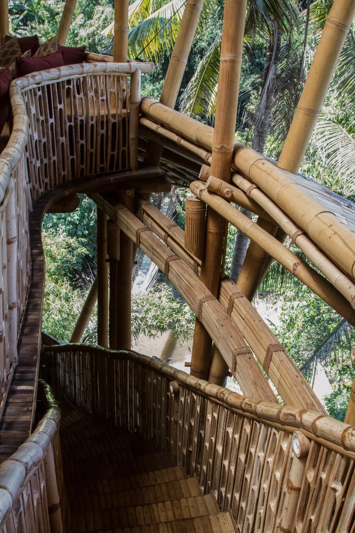 The Temple House is spread across three levels that are connected by twisting bamboo staircases