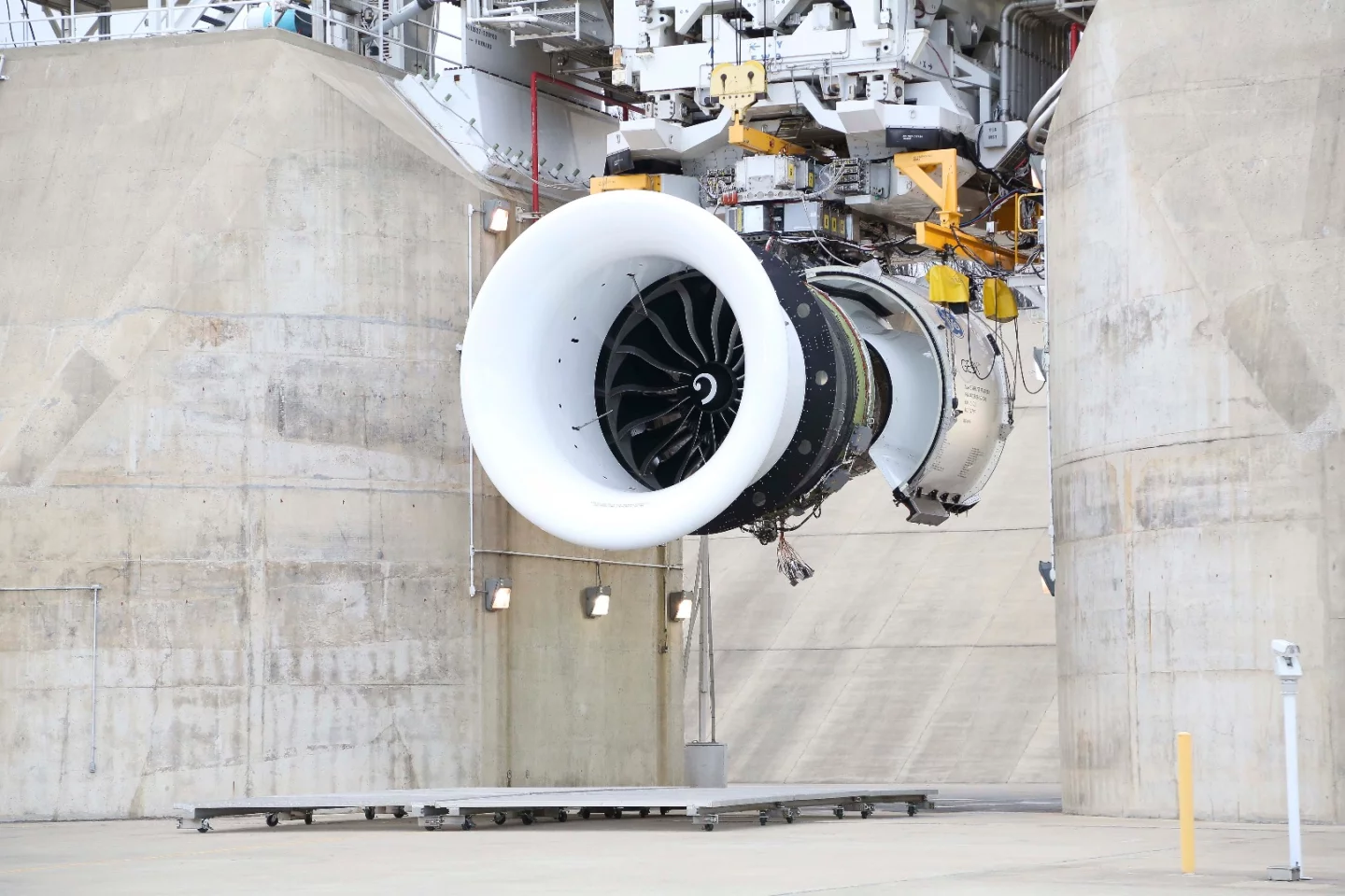 The GE9X in the test rig at GE Aviation testing facility